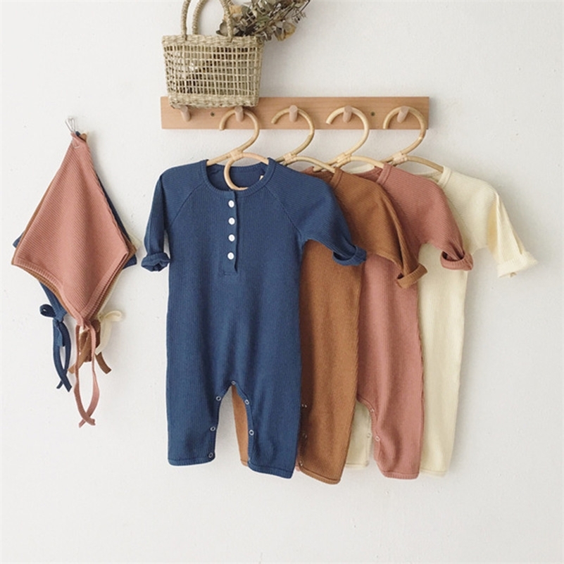 

Baby Spring Rompers 0-24M Newborn Girl Boy Clothes Knitted Cotton Long Sleeve Jumpsuit Outfit Clothes Hat For Kids Baby Onesie LJ201023, Brown 1