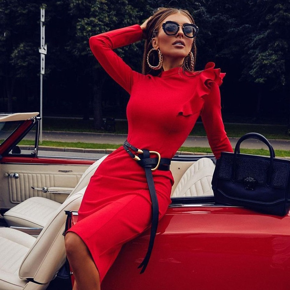 

Autumn 2020 New Fashion Female Frilly Long Knee-tight Bandage Up Celebrity Party Dress 2u0i, Red