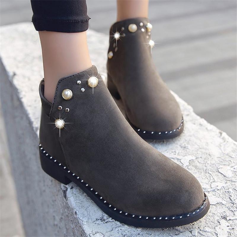 

2020 Fashion Women Boots Autumn Winter String Bead Boots Classic Zipper Snow Ankle Winter Suede Warm Women Shoes, Black