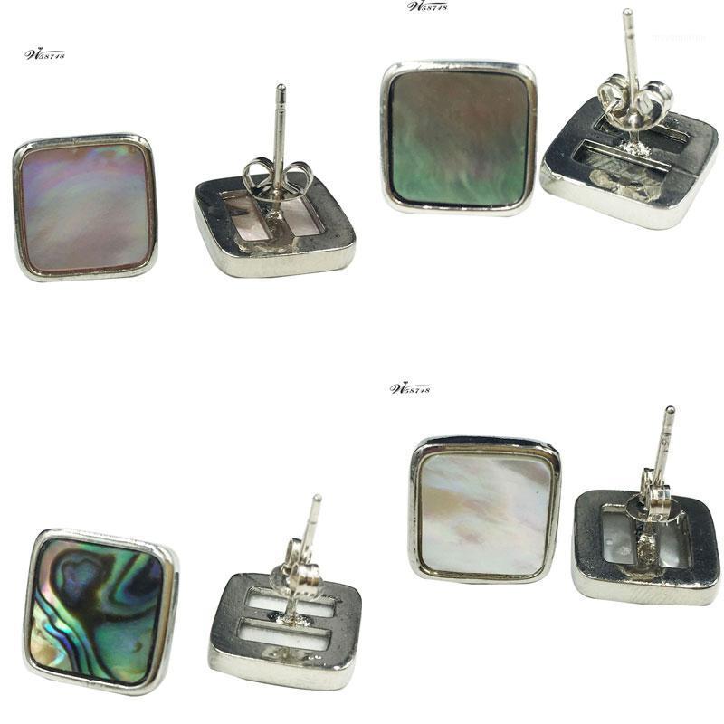 

Free Shipping Beautiful New Zealand Abalone & Mother of pearl Shell Square Art Women Men Stud Earring pWB7221
