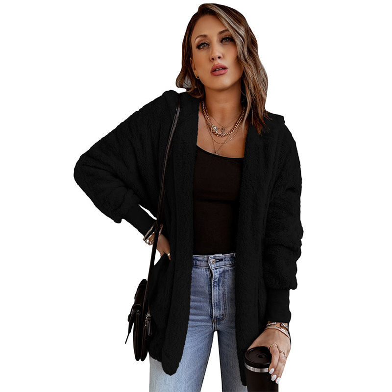 

Shiying Sweater Women Winter New Style Hooded Long-sleeved Warm Plush Cardigan Cross-border Plus Size Woolen Coat Women, Black