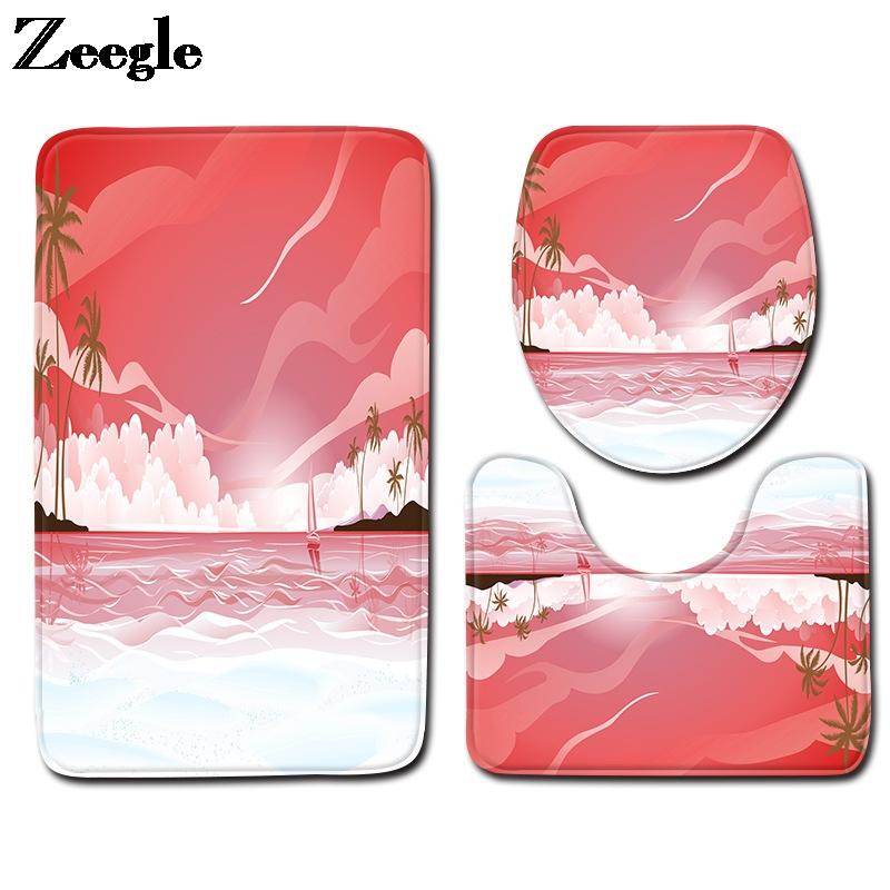 

Scenic Printed Bathroom Bath Mat Home Decoration Shower Carpet Toilet Seat Cover Mat Anti Slip Bathroom Floor Set