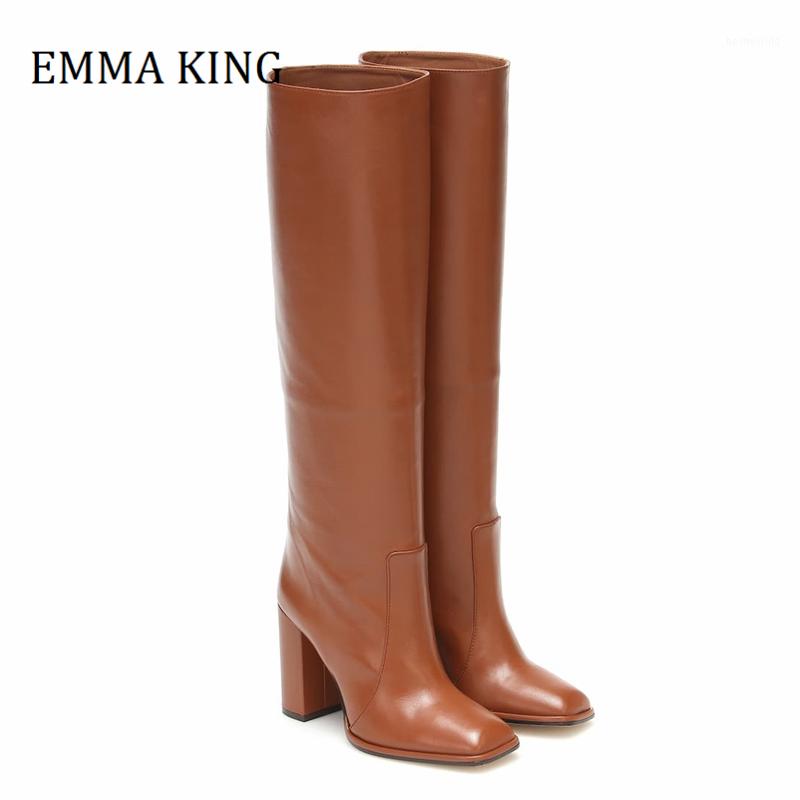 

2020 Winter Women Knee High Boots Microfiber Leather Square Toe Chunky Block High Heel Knight Boots Slip-on Casual Dress Shoes1, Brown