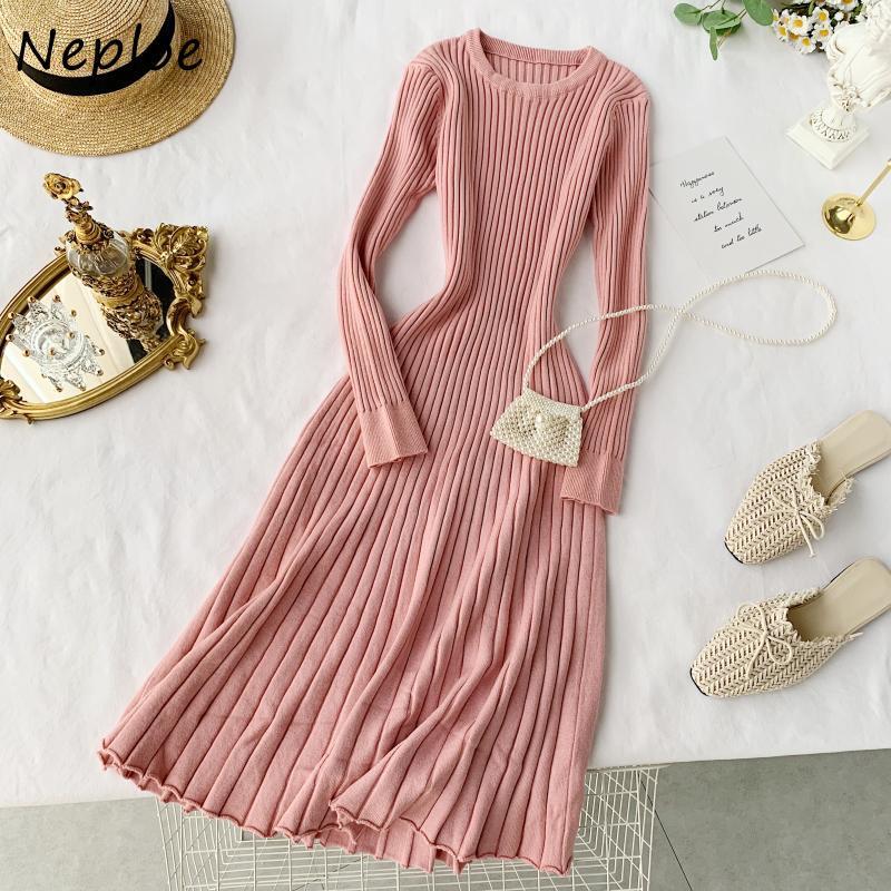 

Neploe Solid Color Long Sleeve Sexy Bodycon Dress Chic Autumn Winter New Vestidos Mid-length A-line Knitted Women Dresses, Black