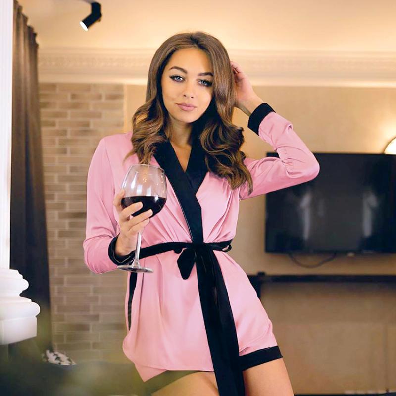 

Mnealways18 Sexy Satin Pink Robe Sets Women Robes And Shorts Two Piece Sets Female Long Sleeve Nightwear Bathrobe Home Wear Suit