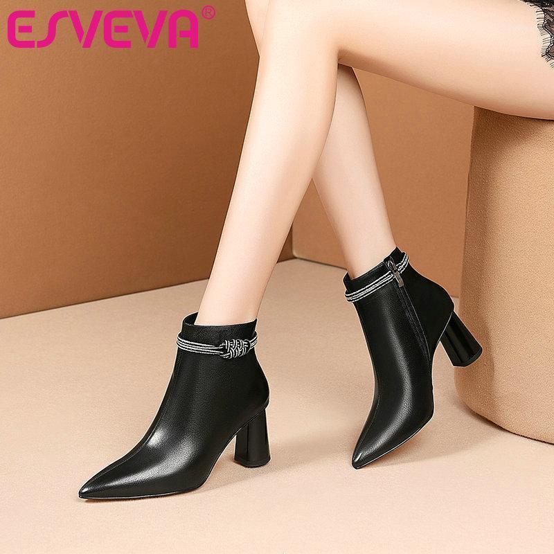 

ESVEVA 2021 Elegant Ankle Boots Women Boots Winter PU+Leather Women Shoes Pointed Toe Square High Heel Zipper Size 34-411, Black