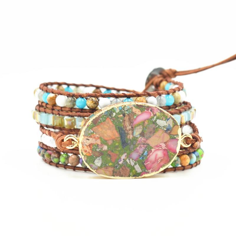 

Boho Crytal Leather Wrap Bracelets Women Natural Stone Beaded Bracelet Charms Oval Multicolor Emperor Stone Halloween Christmas