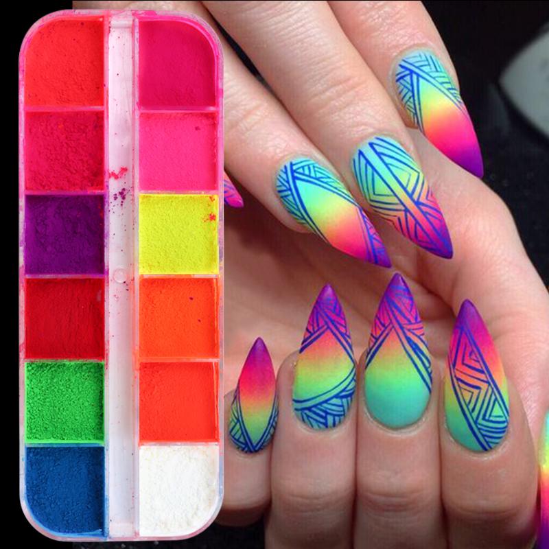 

12grids Fluorescence Neon Pigment Nail Glitter Spring Summer Manicure Ombre Powder Dust Nail Art DIY Decoration Accessories GLYE