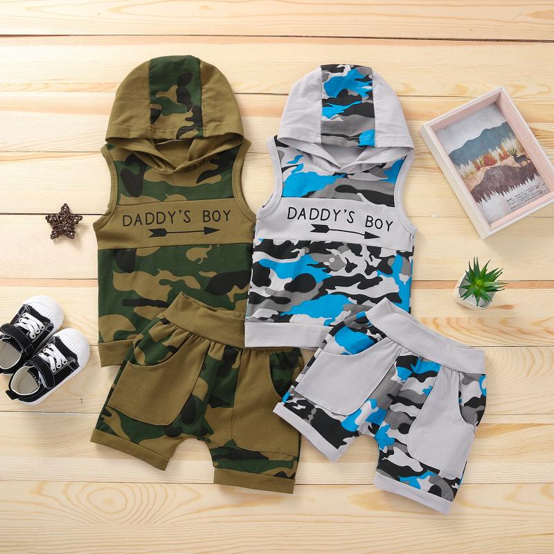 

Clothing Sets Toddler Kids Baby Boys Summer Casual Clothes Camouflage Letter Printed Sleeveless Hooded Tops Shorts 2pcs, White