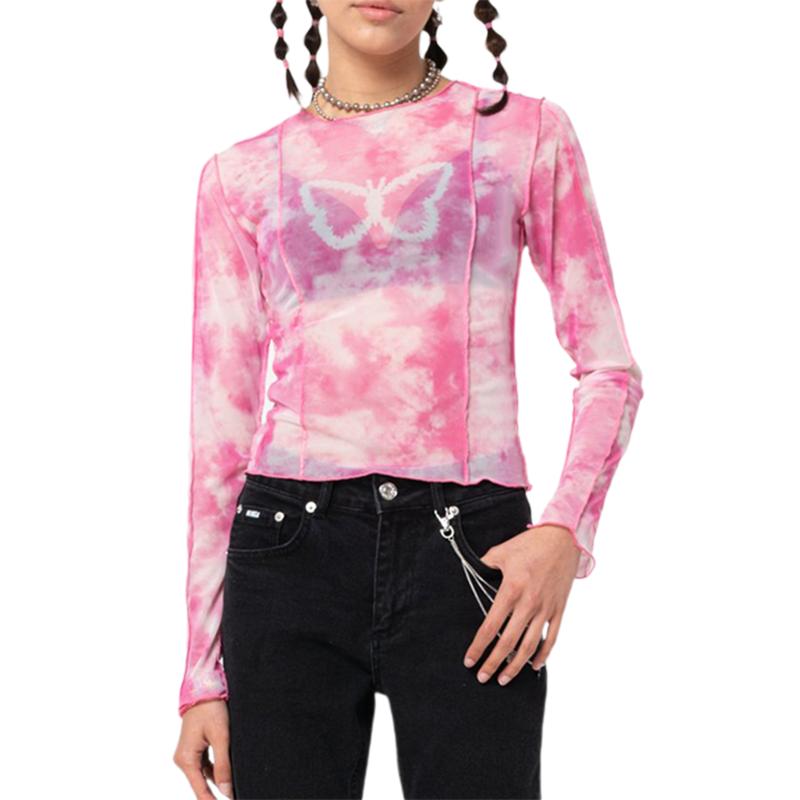

Women's T-Shirt Sexy Women Polyester Casual Sheer Mesh Butterfly Tops Long Sleeve Crew Neck Tie Dye Print Stitch T-Shirts, White