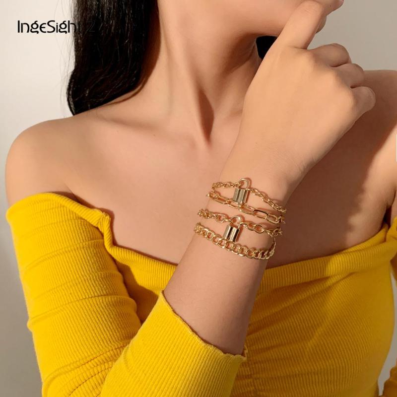 

4Pcs/Set Vintage Lock Padlock Pendant Bracelets Bangles Charm Chunky Thick Curb Miami Cuban Bracelet for Women Men Wrist Jewelry