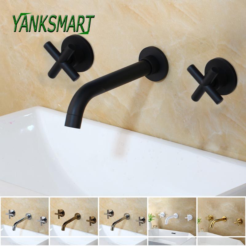 

YANKSMART Modern Basin Set 3 Hole Bathroom Faucet Double Cross Handle Wall Mounted Bathtub Washbasin Cold & Hot Mixer Water Tap
