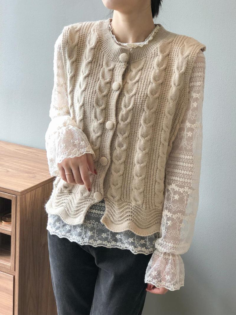 

Women's knit cardigan vest solid short loose fashion Korean sleeveless round neck complete with women's sweater simple casual co, Beige