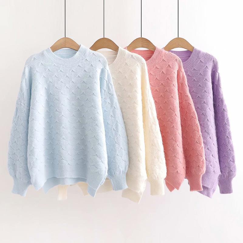 

Cthink Good Quality O Neck Pullover Sweater Woman 2020 Casual Loose Long Sleeve Knitted Top Winter Solid Warm Women's Sweater, Pink