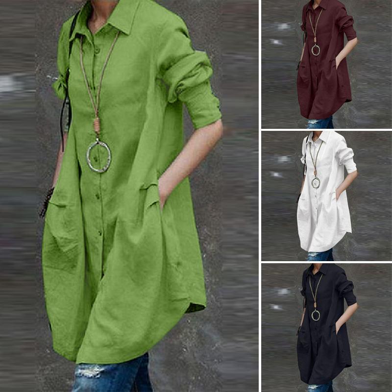 

Women's Irregular Blouse ZANZEA 2020 Fashion Solid Shirts Casual Long Sleeve Blusas Female Button Pleated Tunic Tops Oversized, White