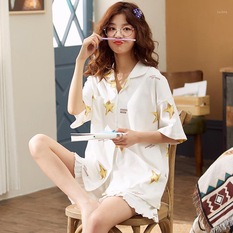 

Big Size 3XL Short Sleeve Pajamas Set 2PCS Sleepwear Women 2 PCS Shirt&Pant Female Nightwear Pajamas Suit Casual Home Clothes1, White