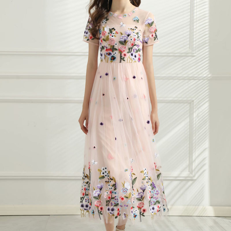 

2021 Summer New Retro-embroidered Flowers Sexy Short Tulle Mid-length Thin Dress High Quality G0cn, Multiple