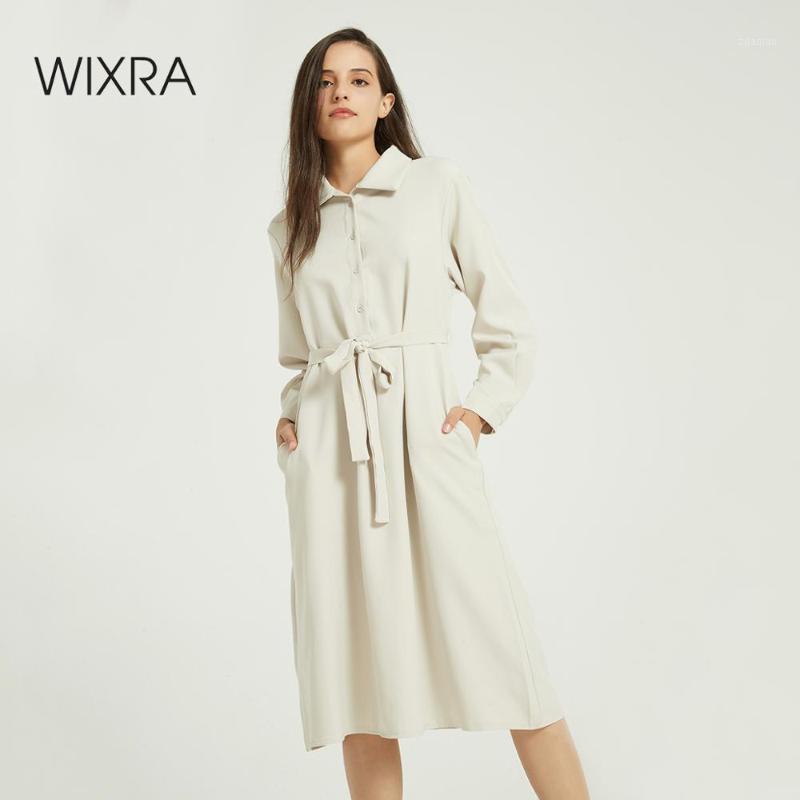 

Wixra Women Solid Thick Chiffon Dresses With Sashes Elegant Loose Turn Down Collar Mid-calf Womens Dresses Autumn Spring1, Beige