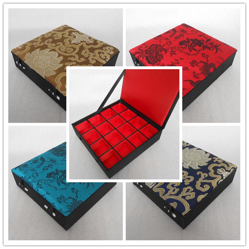 

16 Grid Slot Wooden Ring Storage Box Decorative Chinese Silk Brocade Earrings Pendants Coin Collection Case Wedding Gift