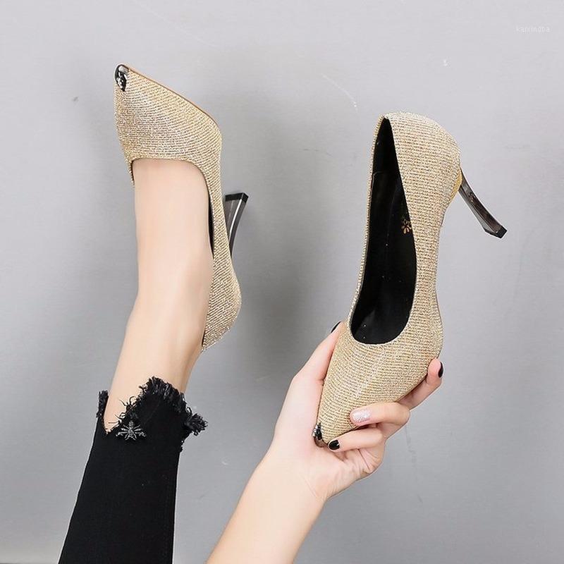 

2020 Thin High Heels Sexy Ladies Pumps Women Shoes Woman New Fashion Slip on Shallow Pointed Toe Bling Shine Gold Casual Shoes1, Black