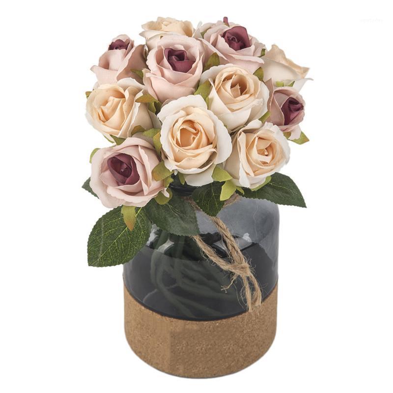 

12 Heads Fake Flowers Romantic Rose Flower Silk Real Touch Wedding Bridal Artificial Flower Bouquet for Home Garden Decoration1, Brown