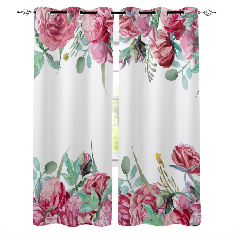 

Red Peony Flower Watercolor Painting Plant Curtains for Living Room Bedroom Kitchen Home Supplies Ready-made Window Curtains, As pic