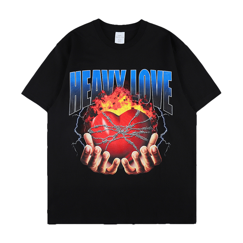 

2021 Summer New Design Cotton Heavy T-shirt Love Printing Letter Hip Hop Short Sleeve QU5H, Black