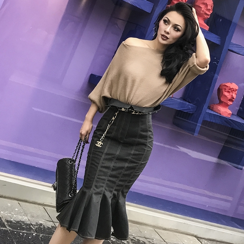 

2021 New Le Palais Elegant Autumn Patchwork Denim Sai Mermaid Rise Bachelor of Opening Vintage High Street Belt WQSY, Dark grey