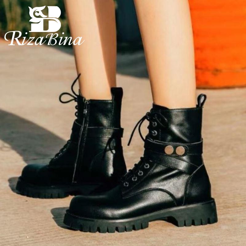

RIZABINA Real Leather Women Ankle Boots Round Toe Flats Zipper Shoes Metal Decoration Women Party Winter Footwear Size 34-39, Black with fur
