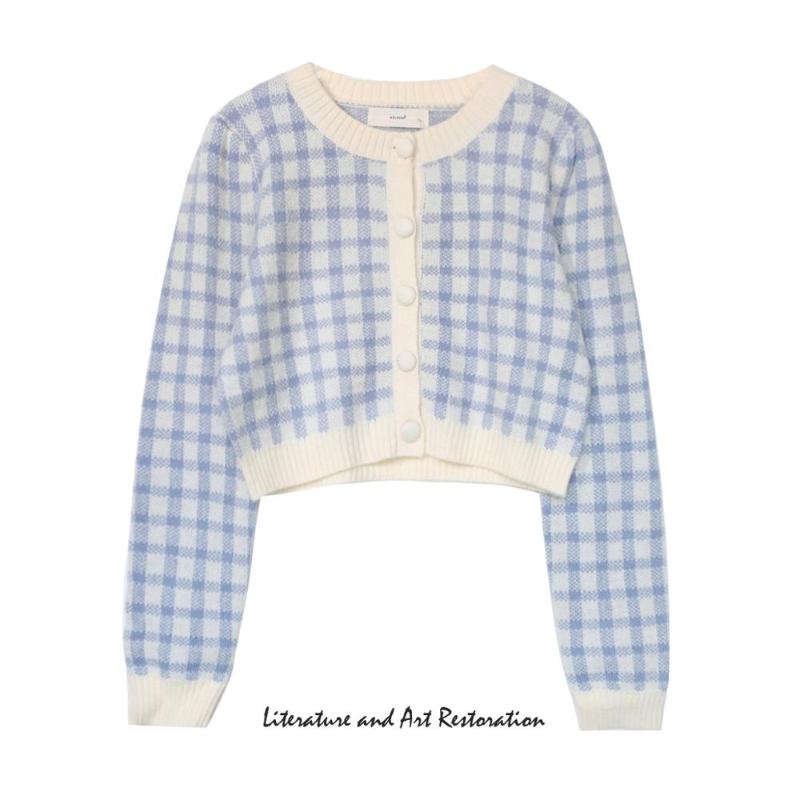 

Vintage Plaid Women Sweater Autumn Loose Ladies Short Knitted Sweaters Long Sleeve Buttons O Neck Solid Pink Cardigan Tops, Black plaid