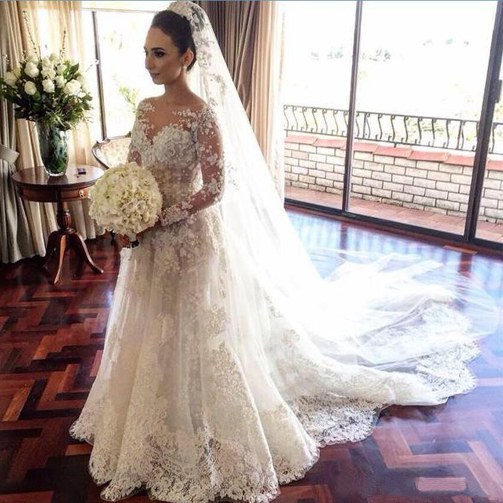 

2021 New Wedding Full-lace Retro-sleeves a Line Dressed As Bride Illusion Neck Sweeping Train Gowns Custom Made 8RY4, Ivory