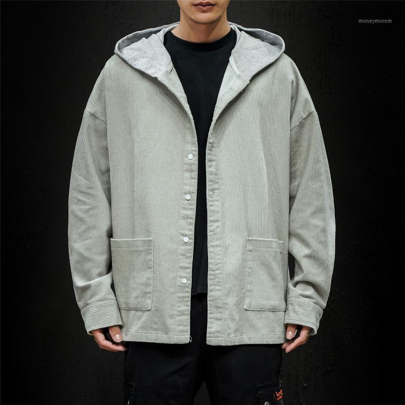 

Fashion Autumn Retro Corduroy Casual Cotton Hooded Coat Man Streetwear Wild Loose Tooling Jacket Men1, Gray