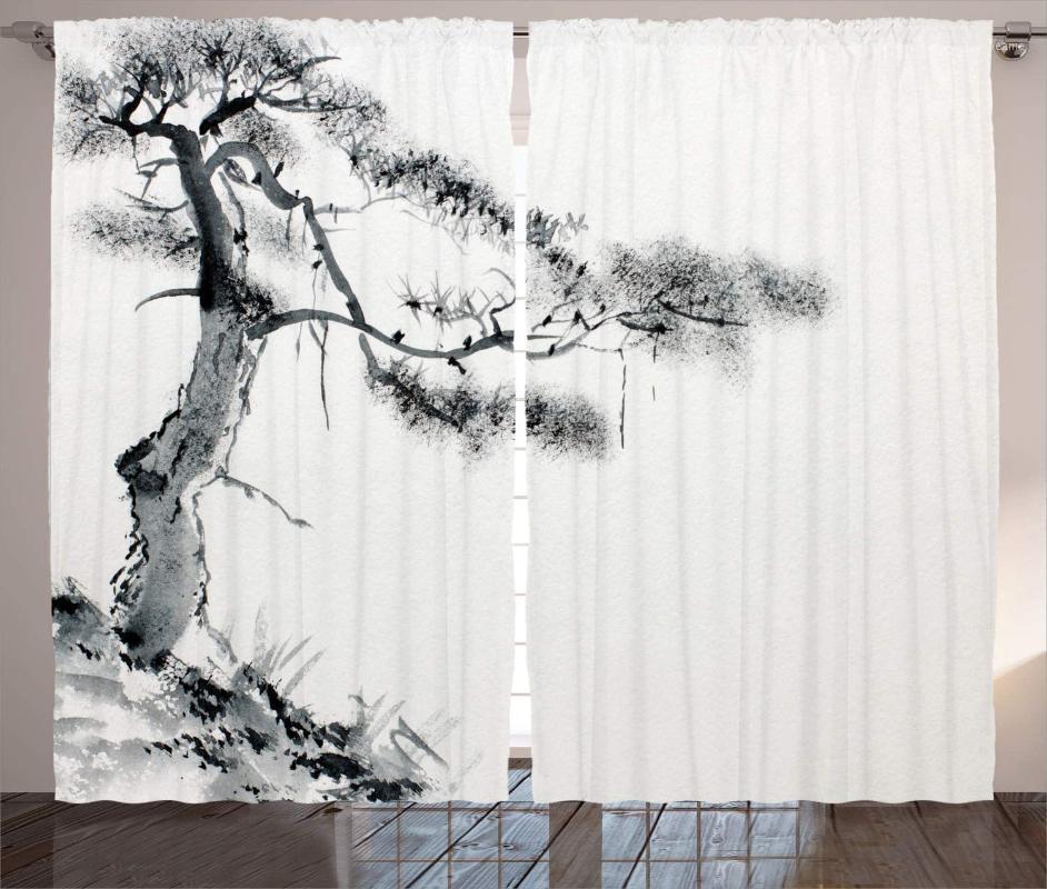 

Asian Curtains Lone Pine on Mountain Slope Art Traditional Chinese Painting Style Oriental Culture Living Room Bedroom Window1, As pic