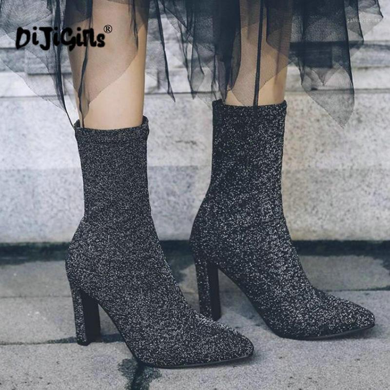 

Plus Size Autumn Ankle Boots Women Sexy Pointed Toe Square Heels Stretch Fabric Ladies Boots Female Shoes Drop Shipping1, Black