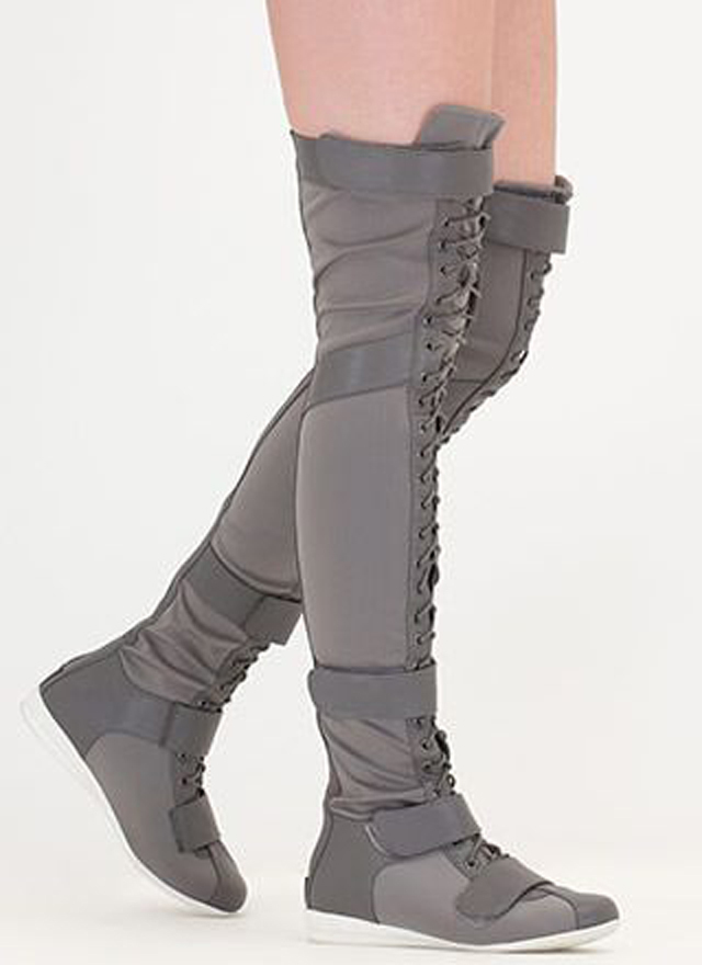 

Stretching Shredded Woman on Her Knee Comfortable Flat Soles Round Toe Lace to Thigh High Leisure Boots 7z0m, Color 1