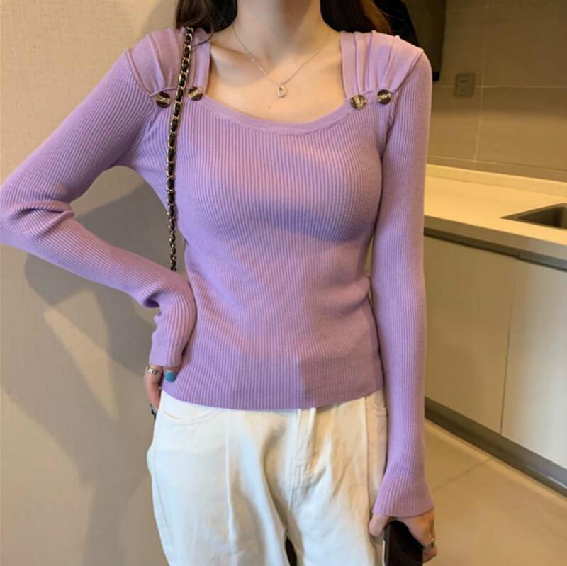 

Korean New Chic Squrae Collar Long Sleeve T-shirt Women Autumn Winter Knitted Slim Tee Shirt Female Basic Tops, Black
