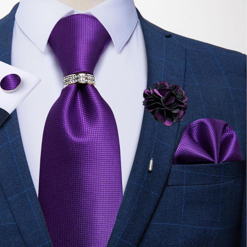 

Bow Ties Fashion Purple Solid 8cm Men's Tie Silk Jacquard Weave Necktie Pocket Square Cufflinks Brooch Wedding Men Gift Set DiBanGu