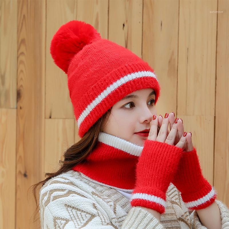 

New wool hat women's bib gloves three-piece suit one set cute Korean version of the wild autumn and winter plus velvet knit hat1