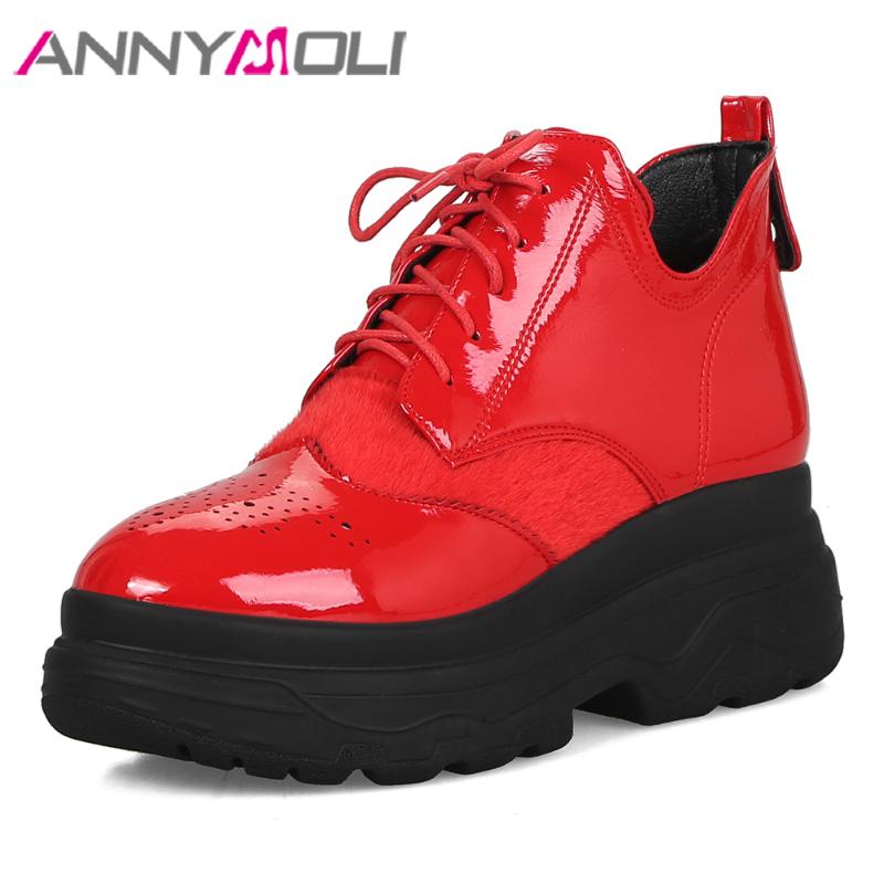 

ANNYMOLI Patent Leather Ankle Boots Women Boots Winter Flat Platform Heel Short Horsehair Lace Up Lady Shoes Red Size 3 43, Black