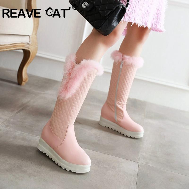 

REAVE CAT Mid-calf Snow Boots for Women Warm Fur Round Toe High platform Zipper Waterproof Big Size 40-43 Black Pink White1