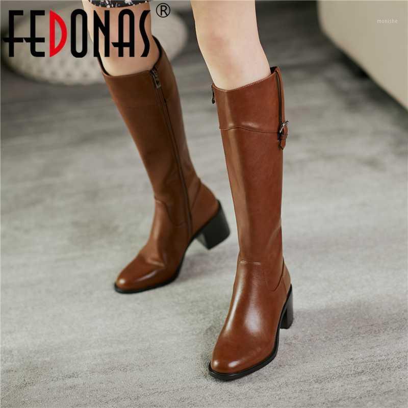 

FEDONAS Vintage Side Zipper Knee High Boots Women Newest Genuine Leather High Heels Shoes Woman Wedding Party Basic Women's Boot1, Brownr