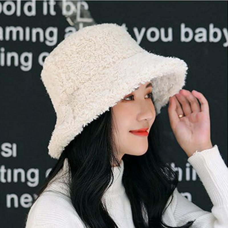 

New Outdoor Warm Lamb Faux Fur Bucket Hat Black Solid Fluffy Fishing Cap Panama Bob Fisherman Gorros Women Winter 2020, E829162