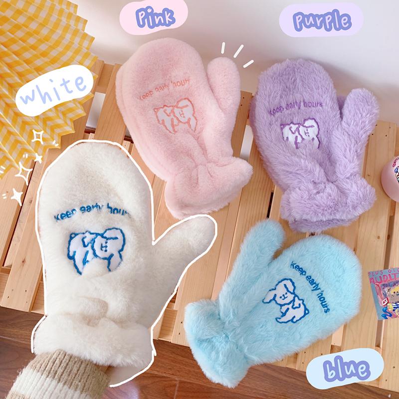 

1 pair Women Winter Soft Faux Fur Gloves Cartoon Dog Plush Warm Mittens Female Cute Full Fingers Gloves Christmas Gift for Girl
