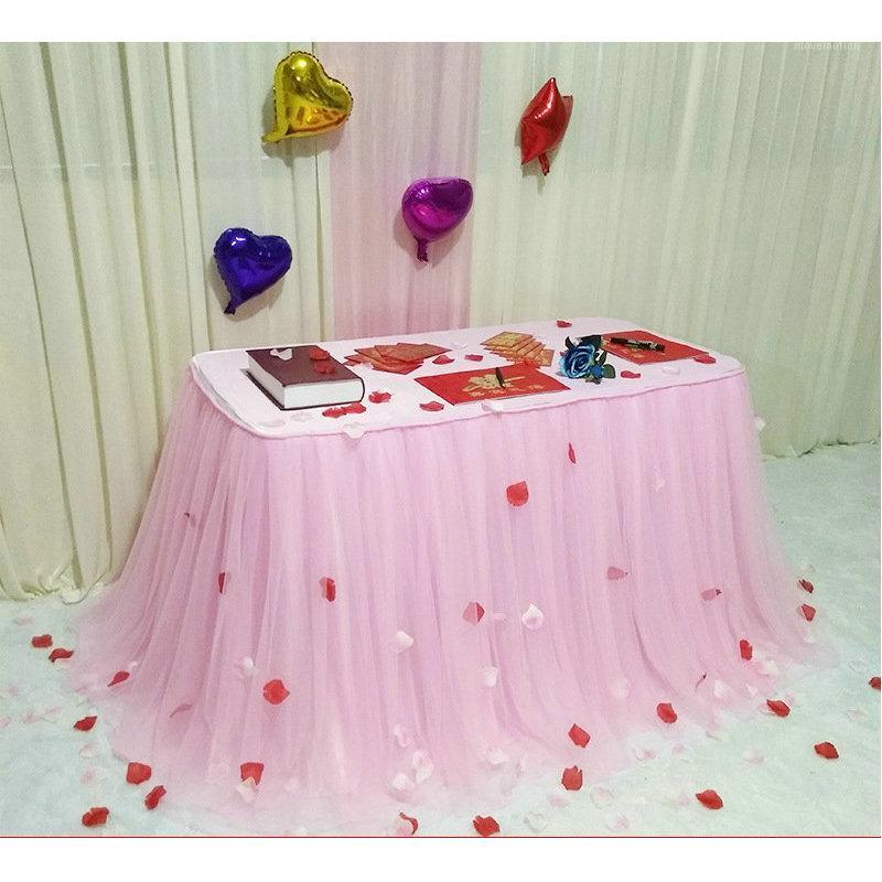 

Tulle Table Skirt Pink Three Layer Ice Silk Fabricfor Wedding Decor Birthday Baby Shower Party Decoration Tablecloth1