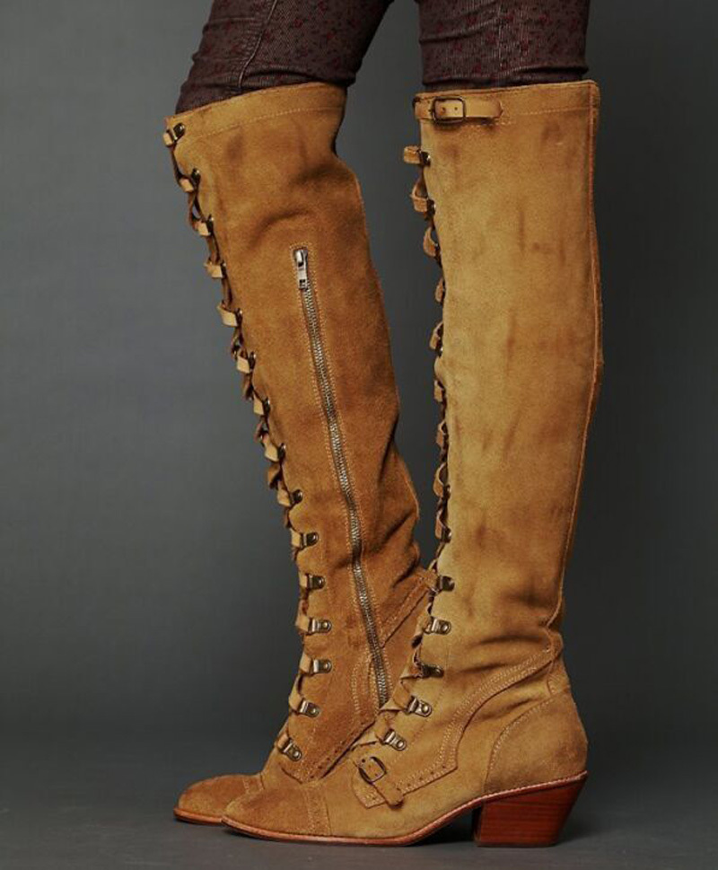 

Popular Portrait Ladies Suede Lace Up Martin Mode Autumn Woman Med Leaps Robust Knee Buckle Boots with Side Zipper From Motorcycle Bwst, Brown.