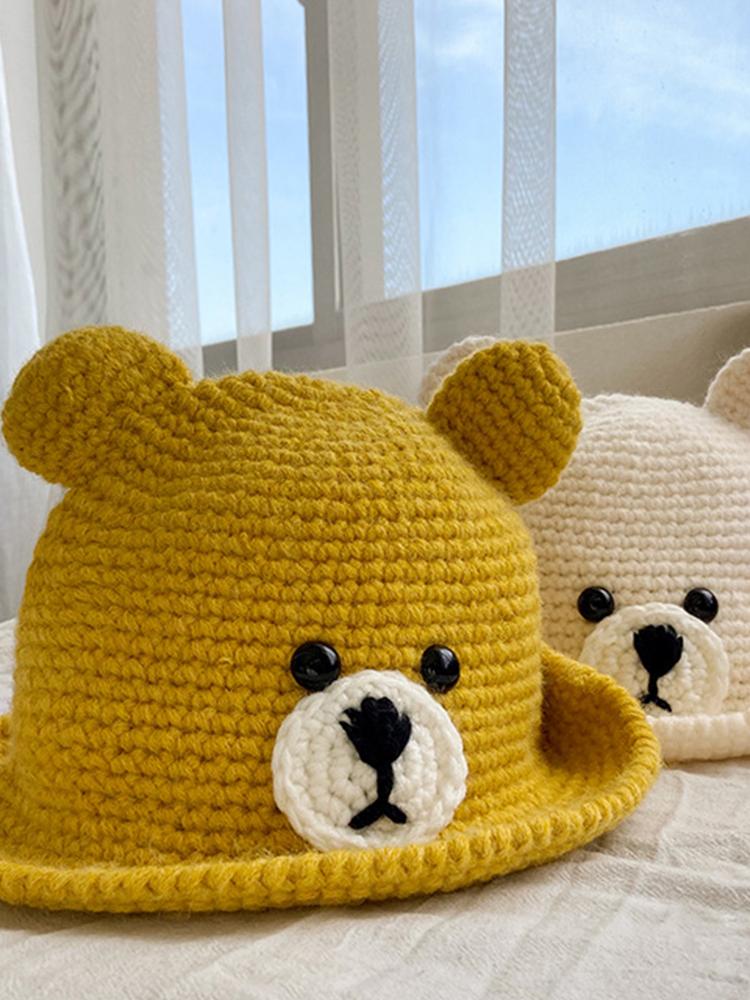 

Little hat Knitted Bear Fisherman's Hat Autumn/Winter Korean version 100 tie Japanese tie lovely ear hair face small pot, White