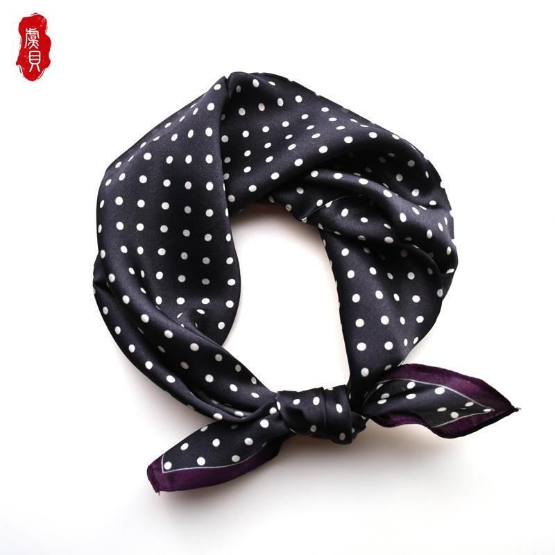 

Retro Black natural silk scarf women with white dots 100% real silk scarves 50cm small square fashion wrap gift for ladies girl