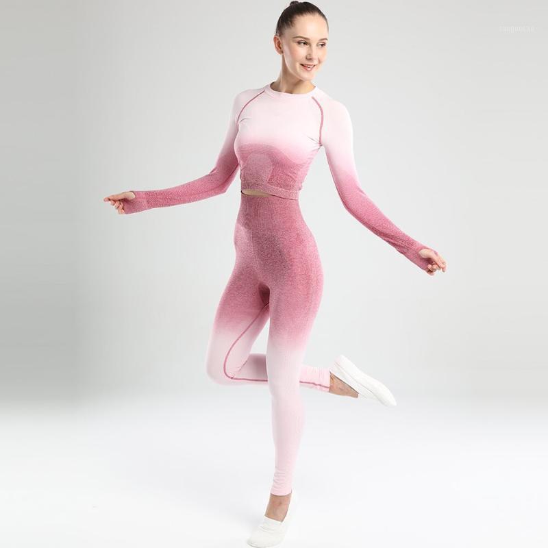 

Women' Yoga Set Seamless Sportswear 2 Pcs Gym Yoga Clothes Long Sleeve Sports Bra Leggings Running Wear Skinny Sports Set Suits1, Gradient orange