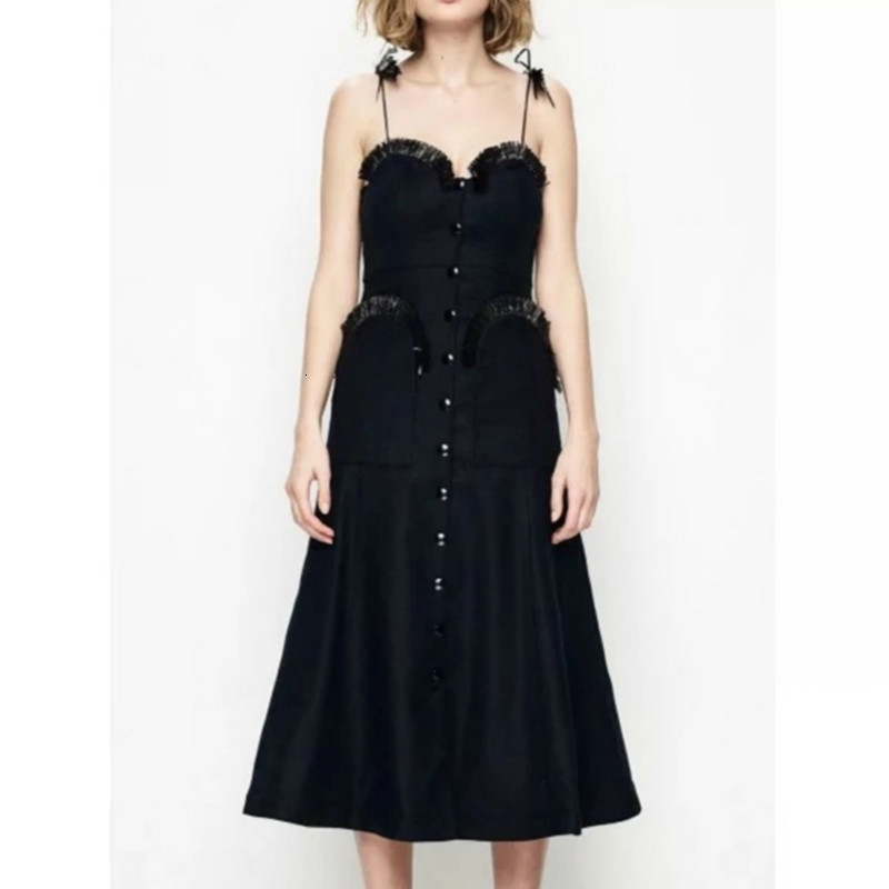 

New Long-dressed Sexy Women's Dance 2021 Summer Ladies Aline Wearing Boreal Buttons Pockets Dressed High Quality Party Ax56, Black