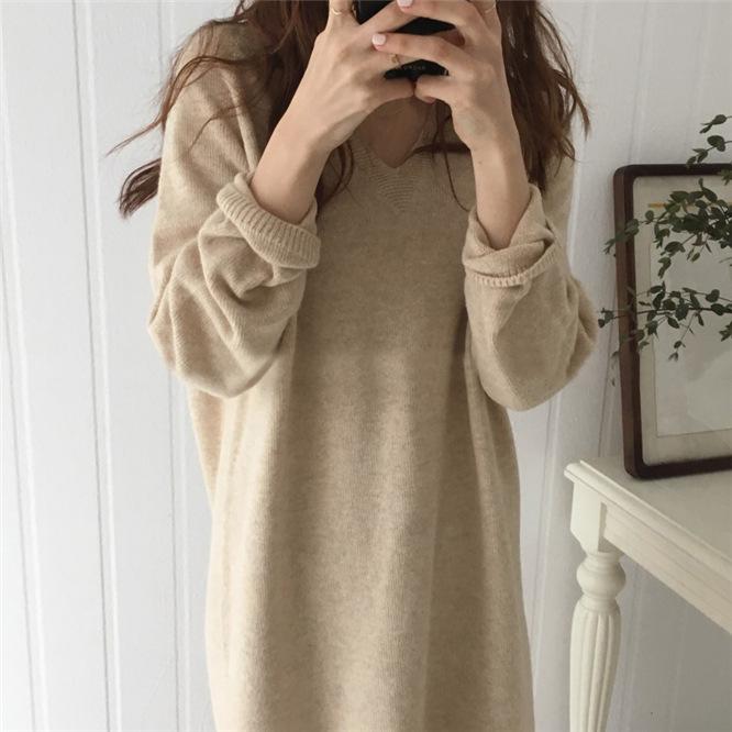 

Fall Winter Dress Long Sweater Knitted Loose Dress Elegant Vintage Long Sleeve Straight One Piece Dresses Bodycon Robe Vestidos, Black